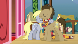 Size: 1920x1080 | Tagged: safe, screencap, derpy hooves, doctor whooves, time turner, earth pony, pegasus, pony, g4, slice of life (episode), 1080p, clothes, eyes closed, female, fourth doctor's scarf, hug, male, mare, scarf, shipping fuel, stallion, striped scarf