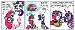 Size: 948x380 | Tagged: safe, artist:gingerfoxy, pinkie pie, rarity, twilight sparkle, alicorn, earth pony, pony, unicorn, pony comic generator, g4, balloon, comic, giant hat, glowing, glowing horn, hat, horn, magic, telekinesis, twilight sparkle (alicorn)