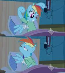 Size: 1280x1420 | Tagged: safe, screencap, rainbow dash, pony, g4, read it and weep, female, hospital, hospital gown, mare, out of context, reaction image, solo