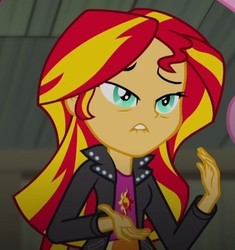 Size: 362x385 | Tagged: safe, screencap, sunset shimmer, equestria girls, g4, my little pony equestria girls: rainbow rocks, clothes, cropped, female, lidded eyes, lip bite, solo