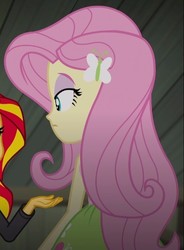 Size: 455x617 | Tagged: safe, screencap, fluttershy, sunset shimmer, equestria girls, g4, my little pony equestria girls: rainbow rocks, cropped, female