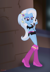 Size: 3972x5713 | Tagged: safe, artist:dnastudiobrony, trixie, human, equestria girls, g4, absurd resolution, boots, breasts, cigarette, clothes, female, high heel boots, lipstick, midriff, miniskirt, prostitute, prostitution, shoes, side slit, skirt, solo