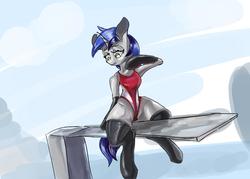 Size: 1456x1040 | Tagged: safe, anonymous artist, oc, oc only, oc:cappie, semi-anthro, arm hooves, clothes, female, gloves, latex, latex gloves, latex socks, one-piece swimsuit, socks, solo, swimsuit, thigh highs