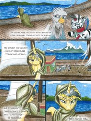 Size: 1024x1365 | Tagged: safe, artist:tillie-tmb, oc, oc only, oc:tempest, griffon, pony, unicorn, zebra, comic:the amulet of shades, cloak, clothes, comic, female, mare, ocean, ship, traditional art