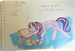Size: 1280x870 | Tagged: safe, artist:puffysmosh, starlight glimmer, pony, unicorn, g4, book, female, sleeping, solo, traditional art, watercolor painting, zzz