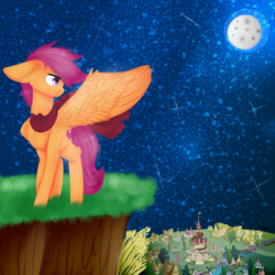 Size: 1000x1000 | Tagged: safe, artist:twinkepaint, scootaloo, pony, g4, chest fluff, female, moon, night, older, ponyville, solo, stars