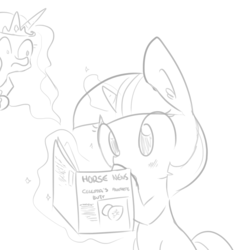 Size: 1280x1280 | Tagged: safe, artist:tjpones, princess celestia, twilight sparkle, alicorn, pony, unicorn, g4, blushing, duo, grayscale, implants, levitation, magazine, magic, monochrome, shrunken pupils, simple background, telekinesis, this will end in tears and/or a journey to the moon, white background