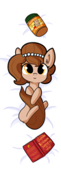Size: 3750x10500 | Tagged: safe, artist:tjpones, oc, oc only, oc:brownie bun, earth pony, pony, horse wife, bed, body pillow, body pillow design, book, cute, ear fluff, female, food, hug, jewelry, looking at you, mare, necklace, ocbetes, on back, peanut butter, pearl necklace, smiling, solo, tail hug