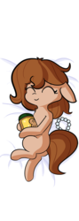 Size: 825x2310 | Tagged: safe, artist:tjpones, oc, oc only, oc:brownie bun, earth pony, pony, horse wife, bed, body pillow, body pillow design, brownie butt, chest fluff, cute, eyes closed, female, floppy ears, food, happy, jewelry, mare, necklace, peanut butter, pearl necklace, smiling, solo