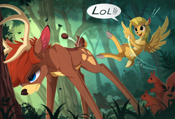 Size: 2300x1565 | Tagged: safe, artist:yakovlev-vad, oc, oc only, oc:hazel nut, oc:windy leaves, deer, fordeer, original species, peryton, antlers, blushing, cloven hooves, dialogue, doe, duo, exclamation point, female, flying, lidded eyes, lol, male, mare, open mouth, smiling, spread wings, stag, stuck, unamused, wings