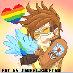 Size: 643x643 | Tagged: safe, artist:tsukai_kugatsu, rainbow dash, human, pegasus, pony, g4, crossover, crossover shipping, duo, female, gay pride, gay pride flag, hug, lesbian, overwatch, pixel art, pride, pride flag, shipping, tracer