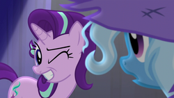 Size: 1280x720 | Tagged: safe, screencap, starlight glimmer, trixie, pony, unicorn, g4, no second prances, grin, looking at each other, one eye closed, smiling, wink