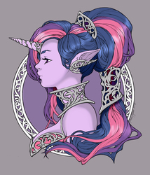 Size: 776x908 | Tagged: safe, artist:michellehoefener, artist:tracibrooks, twilight sparkle, human, g4, alternate hairstyle, bust, elf ears, female, gray background, horn, horned humanization, humanized, pony coloring, profile, simple background, solo