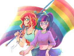 Size: 2900x2200 | Tagged: safe, artist:foxmi, sci-twi, sunset shimmer, twilight sparkle, equestria girls, adorkable, alternate clothes, alternate hairstyle, belly button, clothes, cute, cutie mark earrings, dork, duo, ear piercing, earring, female, flag, gay pride, gay pride flag, glasses, headcanon, holding hands, human coloration, jewelry, lesbian, lgbt, looking at you, midriff, piercing, ponytail, pride, pride month, scitwishimmer, shimmerbetes, shipping, short shirt, signature, simple background, skirt, smiling, sunsetsparkle, sunspecs shimmer, twiabetes, white background