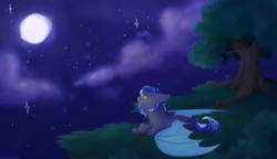 Size: 1023x588 | Tagged: safe, artist:xblackrosestudios, oc, oc only, bat pony, pony, bat pony oc, cliff, desktop background, full moon, looking up, moon, night, stars, tree, wallpaper