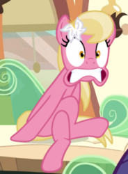 Size: 696x944 | Tagged: safe, edit, edited screencap, screencap, lily, lily valley, earth pony, pony, g4, the last roundup, crossed legs, desperation, faic, female, flower, gritted teeth, lily (flower), mare, need to pee, omorashi, potty dance, potty emergency, potty time, sitting, solo focus, trotting in place