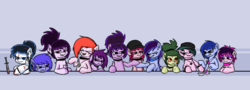 Size: 2000x720 | Tagged: safe, artist:plunger, oc, oc only, oc:froggy, oc:rachael shadows, earth pony, pony, 4chan, blood, choker, cup, drawthread, ear piercing, earring, ember's ghost squad, eye contact, eyes closed, eyeshadow, frown, glare, glasses, hat, hoof hold, jewelry, knife, lidded eyes, looking at each other, looking down, makeup, necklace, piercing, ponified, smiling, spiked wristband, unamused, we are going to hell, wristband