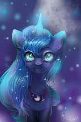 Size: 2000x3000 | Tagged: safe, artist:candyflora, princess luna, pony, g4, eye reflection, female, glowing horn, high res, horn, looking at you, reflection, smiling, solo