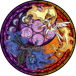 Size: 2100x2100 | Tagged: safe, artist:akili-amethyst, daybreaker, nightmare moon, princess celestia, princess luna, starlight glimmer, pony, a royal problem, g4, disney, dive to the heart, high res, kingdom hearts, stained glass, watermark