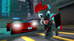 Size: 1920x1080 | Tagged: safe, artist:blackspoiler, oc, oc only, oc:vex (blackspoiler), pony, unicorn, 3d, car, chevrolet corvette, headphones, phone, source filmmaker, streets