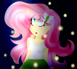 Size: 2631x2345 | Tagged: safe, artist:cosmiickatie, fluttershy, firefly (insect), equestria girls, g4, breasts, clothes, cute, female, high res, night, skirt, solo, tank top