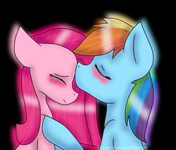 Size: 1414x1212 | Tagged: safe, artist:trixie-the-madhatter, pinkie pie, rainbow dash, earth pony, pegasus, pony, g4, black background, blushing, crying, duo, eyes closed, female, forehead kiss, kissing, lesbian, mare, pinkamena diane pie, ship:pinkiedash, shipping, simple background