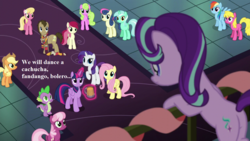 Size: 1280x720 | Tagged: safe, edit, edited screencap, editor:korora, screencap, applejack, bon bon, cheerilee, cherry berry, daisy, doctor whooves, flower wishes, fluttershy, lily, lily valley, lyra heartstrings, rainbow dash, rarity, roseluck, spike, starlight glimmer, sweetie drops, time turner, twilight sparkle, alicorn, dragon, pony, a hearth's warming tail, g4, butt, clothes, fourth doctor's scarf, gilbert and sullivan, lyrics, plot, scarf, song reference, striped scarf, text, the gondoliers, twilight sparkle (alicorn)