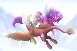 Size: 4200x2795 | Tagged: safe, artist:scarlet-spectrum, oc, oc only, hybrid, pegasus, pony, commission, duo, female, flying, high res, mare, sky