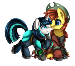 Size: 2681x2370 | Tagged: safe, artist:pridark, oc, oc only, oc:applejuice, oc:dragonfire, pony, fallout equestria, fallout equestria: child of the stars, fallout equestria: zeta aftermath, clothes, commission, cowboy hat, fallout, female, hat, high res, looking at each other, male, mare, oc x oc, shipping, simple background, stallion, stetson, transparent background