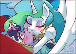 Size: 792x566 | Tagged: safe, artist:toongrowner, princess celestia, twilight sparkle, anthro, g4, blushing, clothes, eyes closed, female, heart, kiss on the lips, kissing, lesbian, ship:twilestia, shipping, uniform