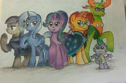 Size: 1117x734 | Tagged: safe, artist:mlparistisccsketch, boulder (g4), maud pie, spike, starlight glimmer, sunburst, thorax, trixie, changedling, changeling, dragon, earth pony, pony, unicorn, g4, female, glasses, group photo, group shot, king thorax, looking at you, male, mare, raised hoof, simple background, stallion, traditional art, white background