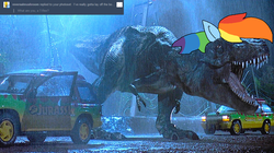 Size: 1200x670 | Tagged: safe, artist:rainbowdashsmailbag, edit, rainbow dash, dinosaur, pony, tyrannosaurus rex, g4, ask, blog, car, jurassic park, tumblr