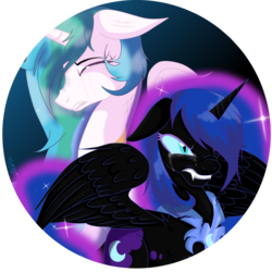 Size: 1280x1280 | Tagged: safe, artist:sakya-chan, artist:space-butterflies, nightmare moon, princess celestia, alicorn, pony, g4, crying, duo, duo female, female, hair over one eye, mare