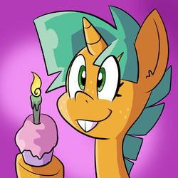 Size: 576x576 | Tagged: safe, artist:pembroke, snails, pony, unicorn, g4, candle, cupcake, food, glitter shell, male, smiling, solo