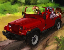 Size: 1400x1102 | Tagged: source needed, useless source url, safe, artist:darkstylerz, oc, oc only, oc:axel rose, oc:sheriff pinto, oc:tropical smoothie, earth pony, pony, car, commission, driving, female, glasses, group, jeep, mare, mud, trio