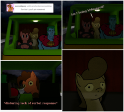 Size: 1762x1587 | Tagged: safe, artist:thepristineeye, oc, oc:banana pie, oc:intern, earth pony, pony, 3d, anotherdamnponyaskblog, blender, blender cycles, captain planet and the planeteers, comic, night, road, this will not end well, tumblr, van, worried