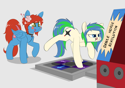 Size: 3507x2480 | Tagged: safe, artist:underpable, oc, oc only, oc:ravebounce, oc:sureibu, earth pony, pegasus, pony, choker, commission, cute, dance dance revolution, dancing, duo, female, flower, flower in hair, gray background, high res, mare, ocbetes, raised hoof, raised leg, rhythm game, simple background, smiling, tongue out, video game