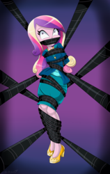 Size: 1906x3019 | Tagged: safe, artist:gaggeddude32, dean cadance, princess cadance, human, equestria girls, g4, arm behind back, black vine, bondage, bound and gagged, commission, female, gag, gradient background, high res, shrunken pupils, simple background, solo, surprised, suspended, vine, vine bondage, wide eyes