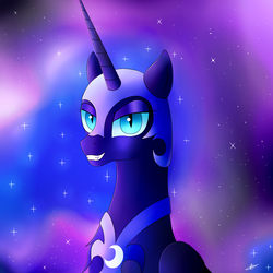 Size: 1474x1474 | Tagged: safe, artist:ollofkyser, nightmare moon, alicorn, pony, g4, bust, female, lidded eyes, looking at you, portrait, smiling, solo, stars, teeth