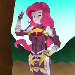 Size: 2334x2328 | Tagged: safe, artist:pyrus-leonidas, pinkie pie, equestria girls, g4, armor, astolfo, clothes, cute, fate/apocrypha, fate/grand order, female, fingerless gloves, gloves, grin, high res, looking at you, peace sign, rider, rider of black, smiling, solo, sword, weapon