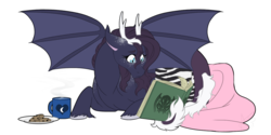 Size: 1200x600 | Tagged: dead source, safe, artist:curiouskeys, oc, oc only, oc:asteria, draconequus, hybrid, book, cthulhu, interspecies offspring, next generation, offspring, parent:discord, parent:princess luna, parents:lunacord, reading, request, simple background, solo, spread wings, white background, wings