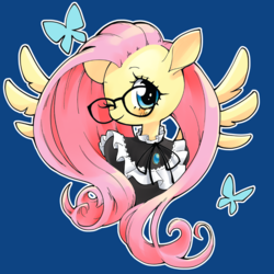 Size: 1000x1000 | Tagged: safe, artist:unousaya, fluttershy, pegasus, pony, g4, blushing, bowtie, brooch, clothes, cute, female, glasses, jewelry, looking at you, mare, one eye closed, shyabetes, smiling, solo, spread wings, string bow tie, wings, wink