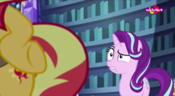 Size: 1440x789 | Tagged: safe, screencap, starlight glimmer, sunset shimmer, pony, equestria girls, equestria girls specials, g4, my little pony equestria girls: mirror magic, duo, flank, starlight glimmer is not amused, twilight's castle