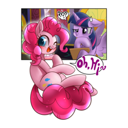 Size: 1000x1000 | Tagged: safe, artist:renokim, pinkie pie, twilight sparkle, alicorn, earth pony, pony, g4, blushing, design, dialogue, duo, female, fourth wall, mare, one eye closed, shirt design, simple background, smiling, transparent background, twilight sparkle (alicorn), wink