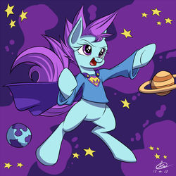 Size: 1000x1000 | Tagged: safe, artist:leito-san, oc, oc only, pony, bipedal, cape, clothes, planet, solo, space, stars