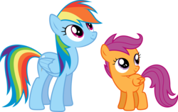 Size: 1126x710 | Tagged: artist needed, source needed, safe, rainbow dash, scootaloo, pegasus, pony, g4, blank flank, cute, cutealoo, dashabetes, female, filly, foal, folded wings, looking up, mare, mirrored, simple background, smiling, transparent background, vector, wings