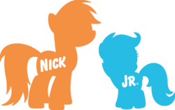 Size: 1126x710 | Tagged: safe, derpibooru exclusive, edit, rainbow dash, scootaloo, pony, g4, logo, logo parody, mirrored, nick jr., nickelodeon, silhouette, simple background, transparent background, vector