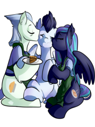 Size: 3000x4000 | Tagged: dead source, safe, artist:heyerika, soarin', oc, pegasus, pony, g4, cute, eyes closed, family, female, food, kissing, male, mare, pie, plate, simple background, sitting, smiling, stallion, transparent background