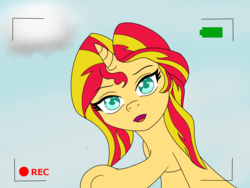 Size: 1600x1200 | Tagged: safe, artist:fluttershy-wins, sunset shimmer, pony, unicorn, g4, alternate hairstyle, camera shot, colored pupils, female, looking down, mare, solo, underhoof