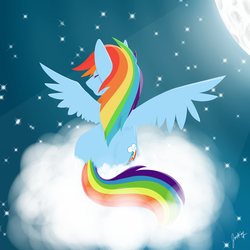 Size: 2000x2000 | Tagged: safe, artist:fantasystaples, rainbow dash, pegasus, pony, g4, backwards cutie mark, cloud, eyes closed, female, high res, mare, moon, night, night sky, rear view, sky, solo, spread wings, stars, wings